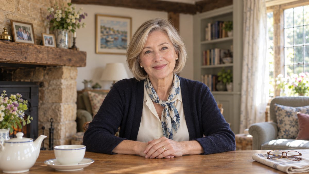 Audrey Pemberton at her oak table with a pot of tea, in her Cotswolds sitting room