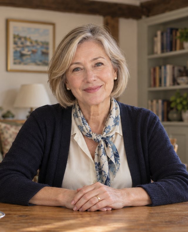 Audrey Pemberton at her oak table in her Cotswolds sitting room