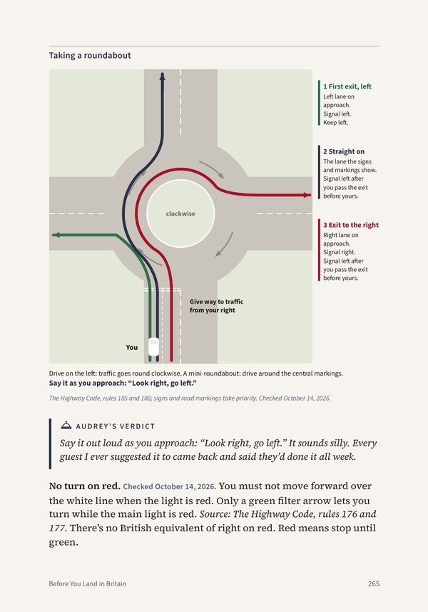 Diagram of the three ways through a roundabout when driving on the left