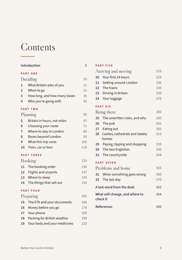 Contents page listing the seven parts and 33 chapters