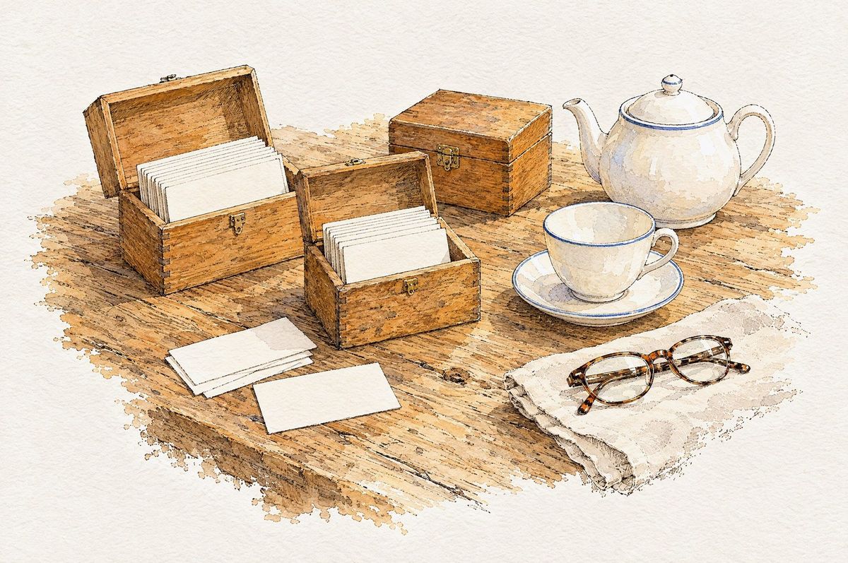 Watercolor of three wooden recipe boxes of index cards on an oak table